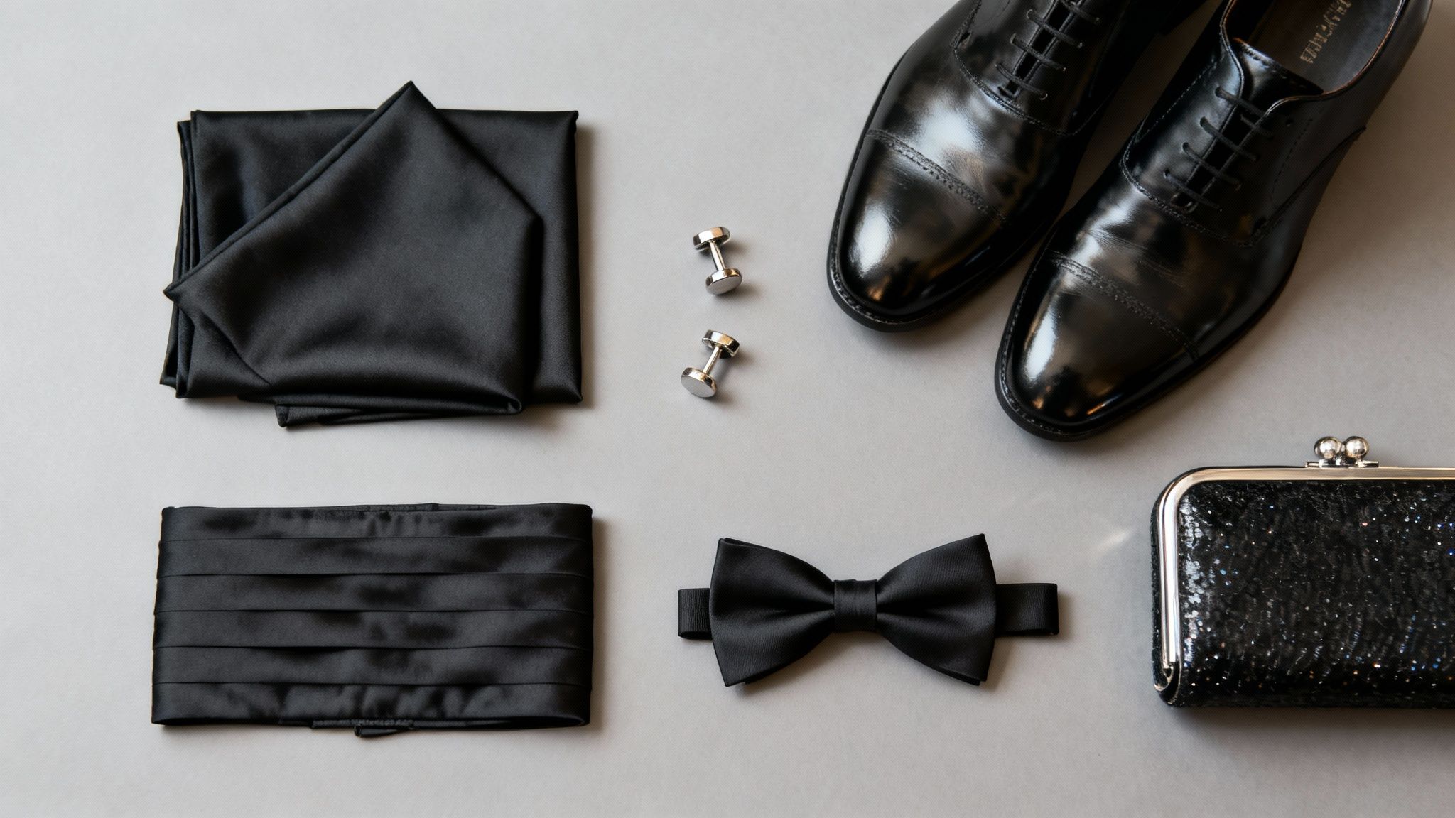 A close-up shot of elegant accessories for a black tie event, like a clutch and cufflinks.