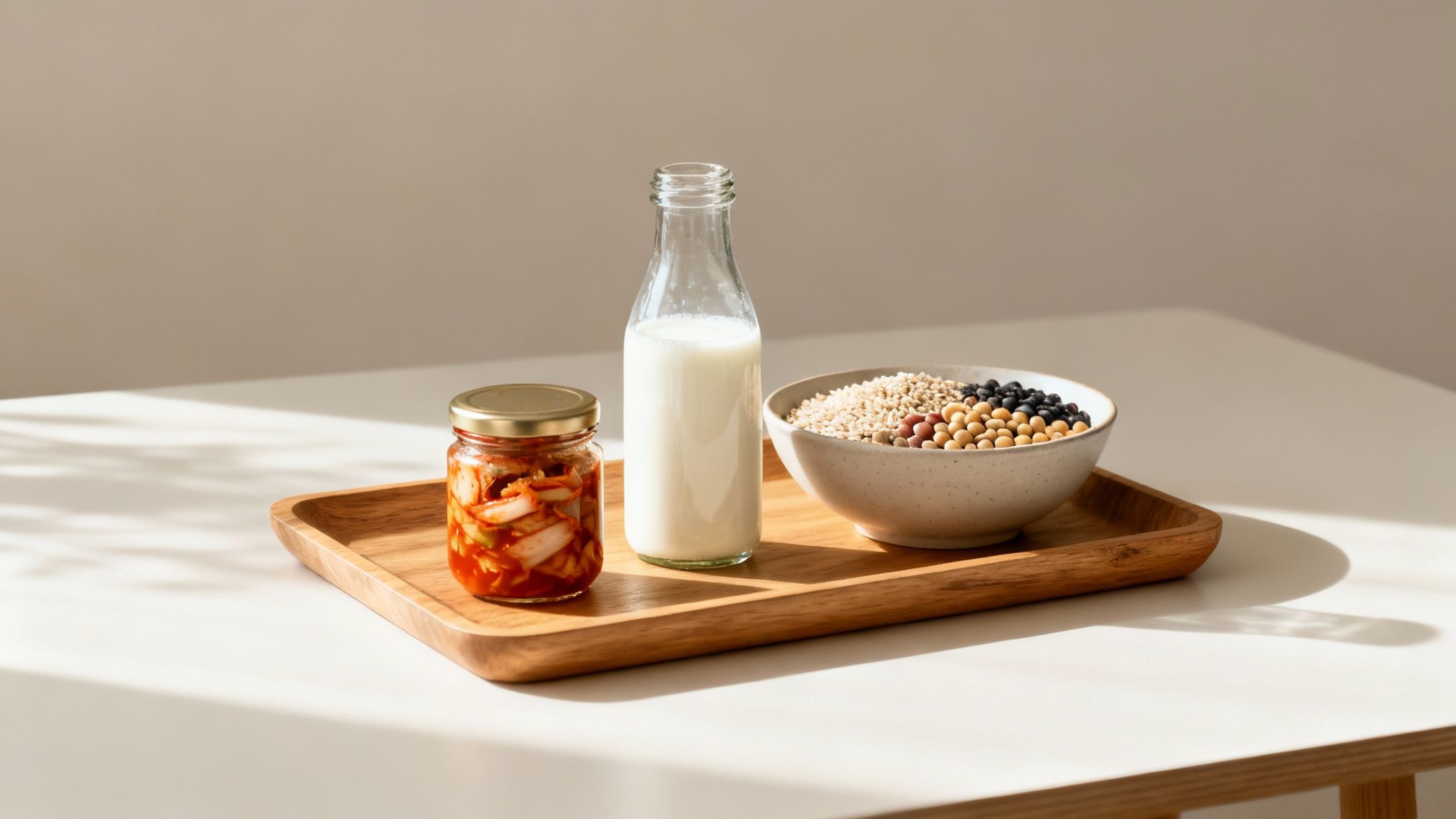 Healthy food items: kimchi, milk, and various grains and beans, displayed on a wooden tray.