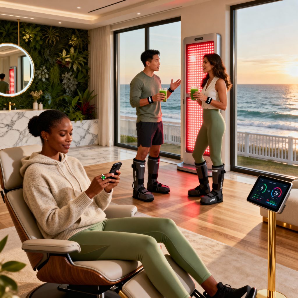 Young entrepreneurs using AI wellness technology networking at exclusive Hamptons recovery lounge - luxury biohacking clubs guide Social Life Magazine